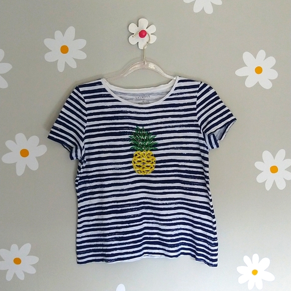 Talbots Sequined Pineapple Blue & White Striped Short-Sleeve Cotton Tee - Picture 4 of 9